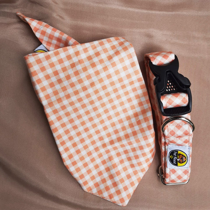 Peach Checkered Collar & Bandana Set